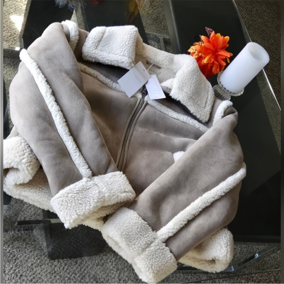 Tan cream white faux shearling/suede jacket coat NWT - Picture 2 of 7